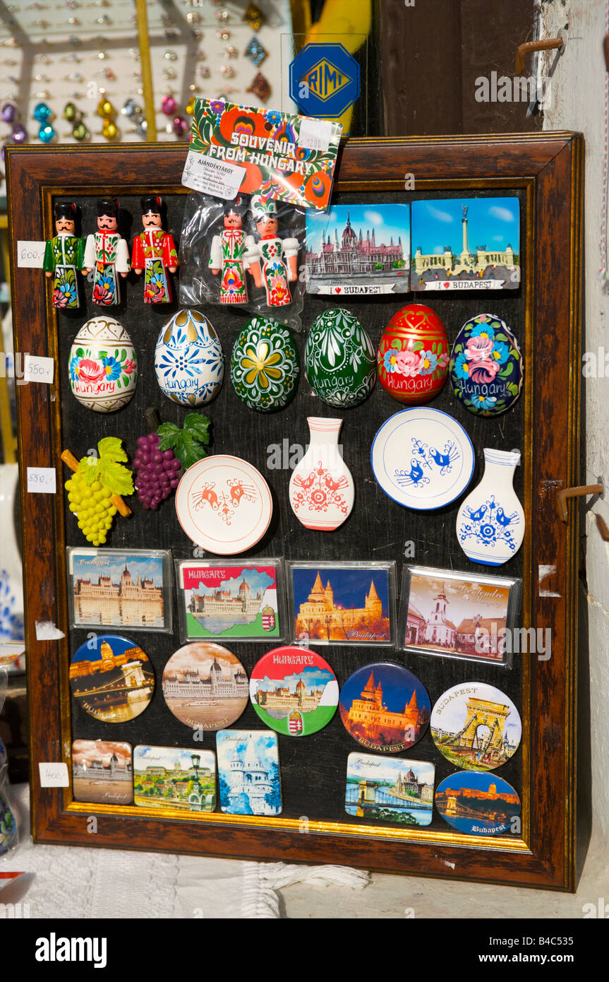 souvenirs displayed in a shop window in Szentendre, Hungary, a small village twenty kilometers up the Danube river from Budapest Stock Photo