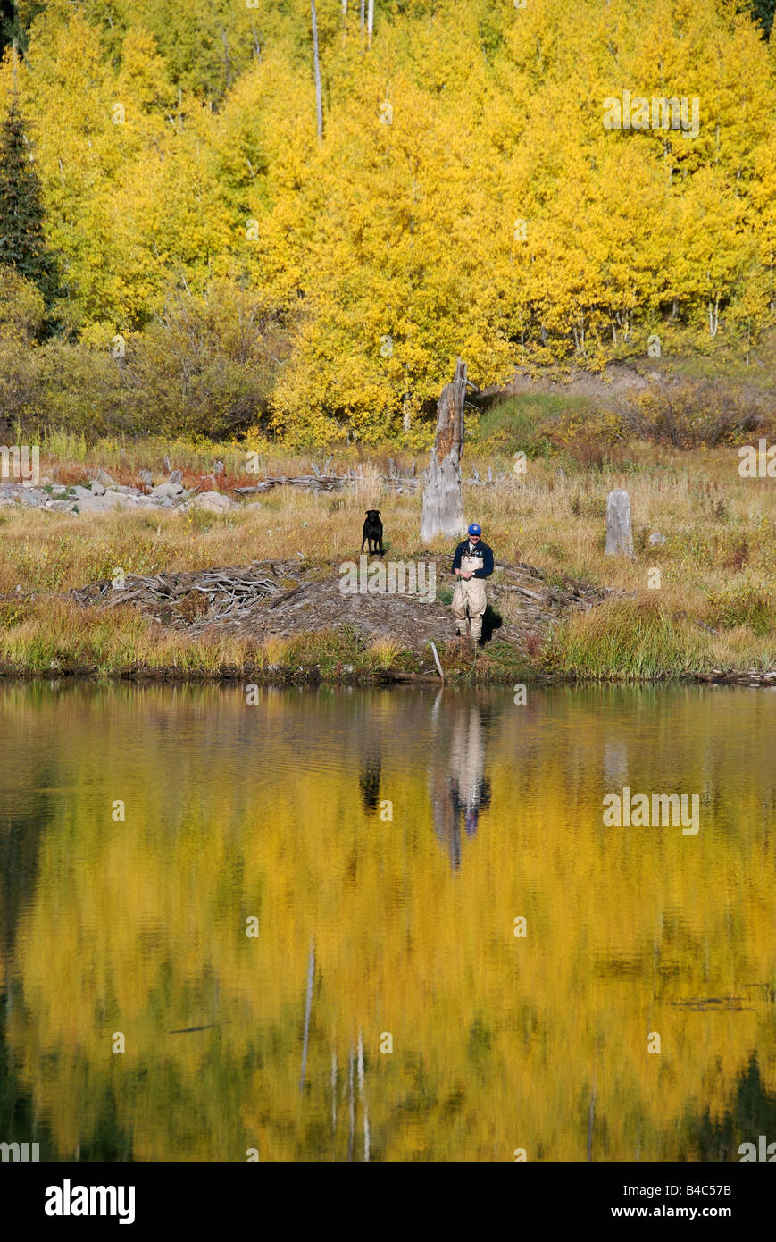 A man fly fishes to brook trout with his dog in a high alpine lake in the fall, colorado Stock Photo