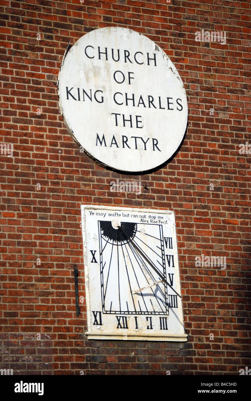 Ancient sundial on side of Church of King Charles the Martyr, Royal Tunbridge Wells, Kent, England, United Kingdom Stock Photo