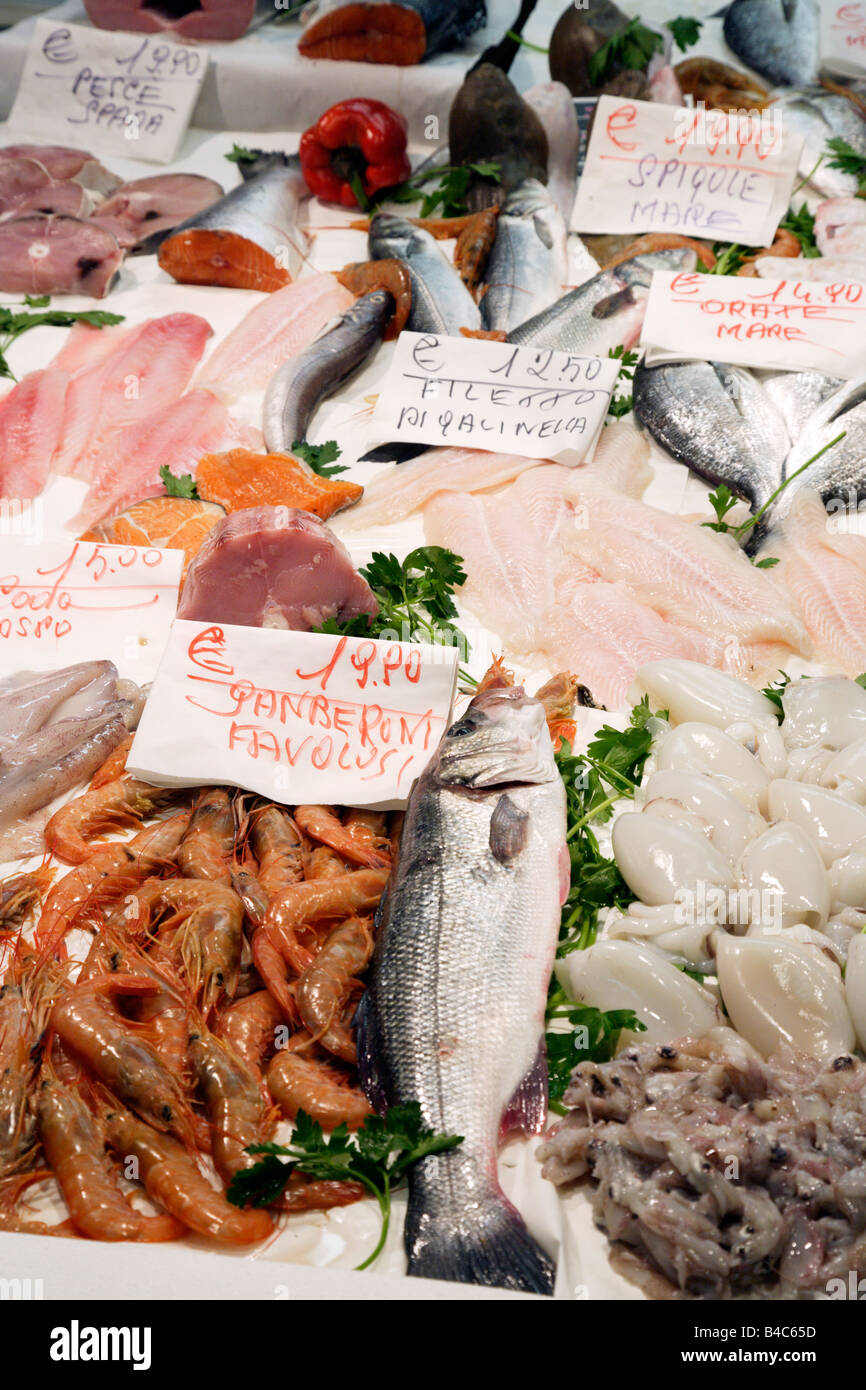 Fish stall in market hall Testaccio Rome Italy Stock Photo