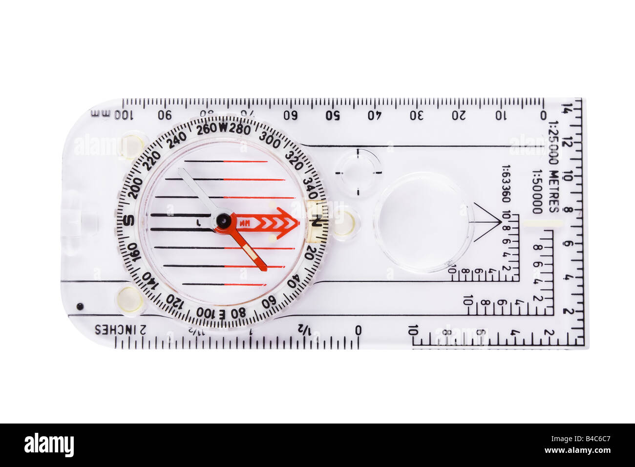Modern compass with scales and rulers isolated on white background. /// cut out cutout plastic transparent adventure navigation equipment ruler Stock Photo