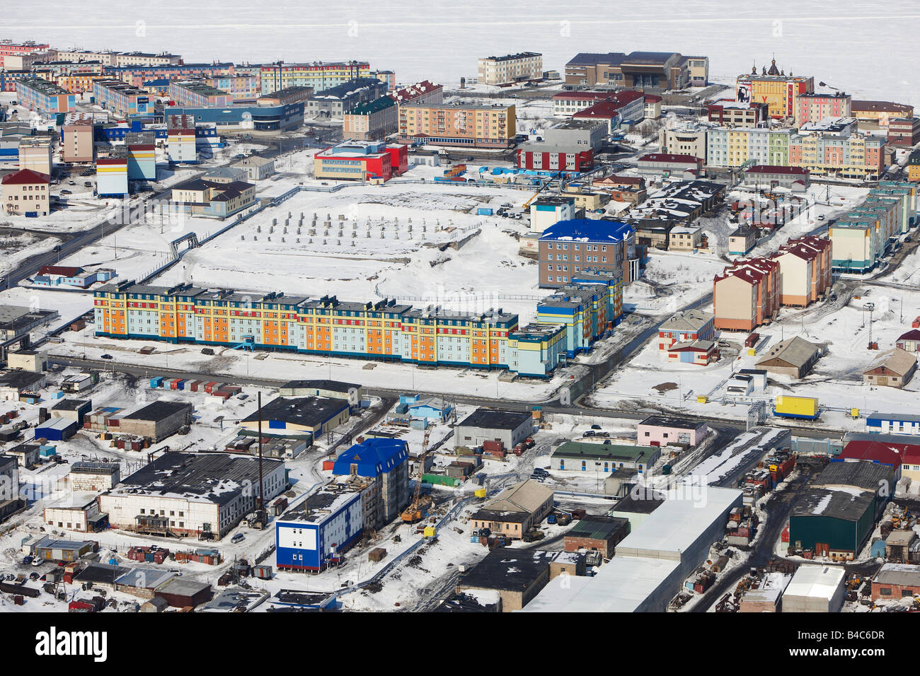 Colourful apartment buildings in Anadyr, Chukotka Siberia, Russia Stock