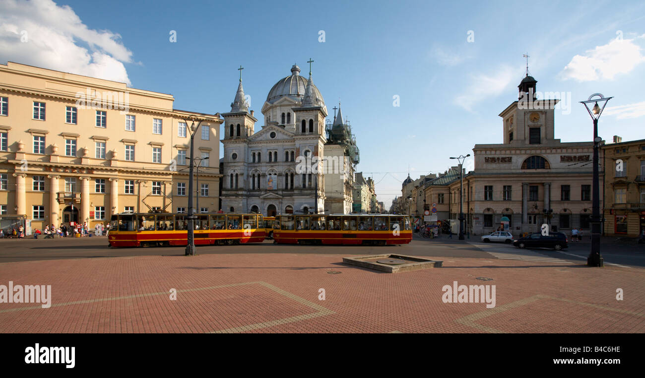 Poland Western Mazovia Lodz Plac Wolnosci Liberty Square Town Hall 1827 now Museum Catholic Church of the Descent of  Holy Ghost Stock Photo