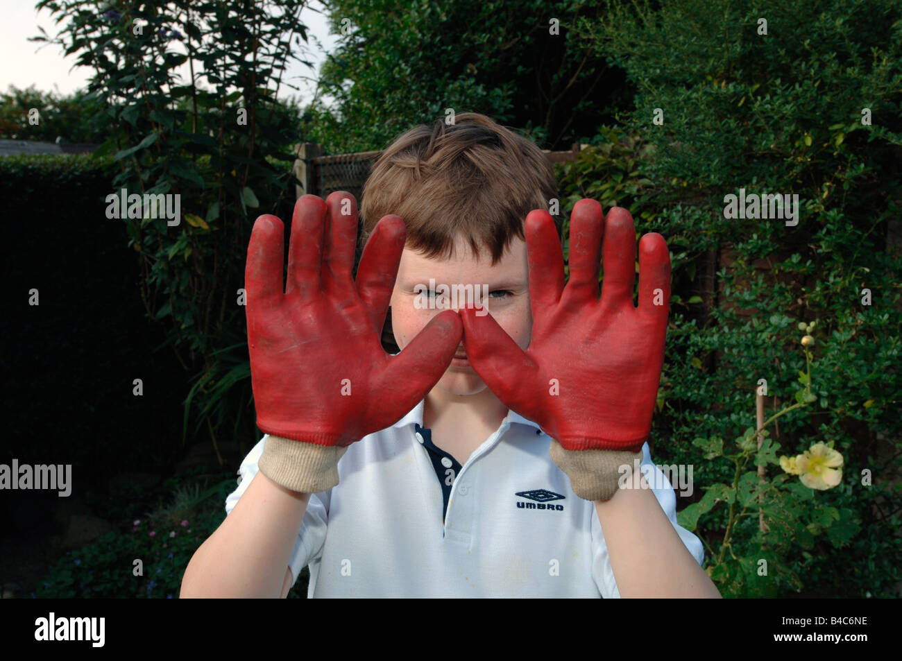 A 13yr Old Boy Wearing Red Rubber Gardening Gloves . Stock Photo