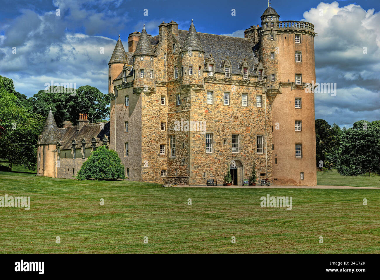 Castle Fraser. A view of Castle Fraser and grounds from the front (Main Entrance) Stock Photo