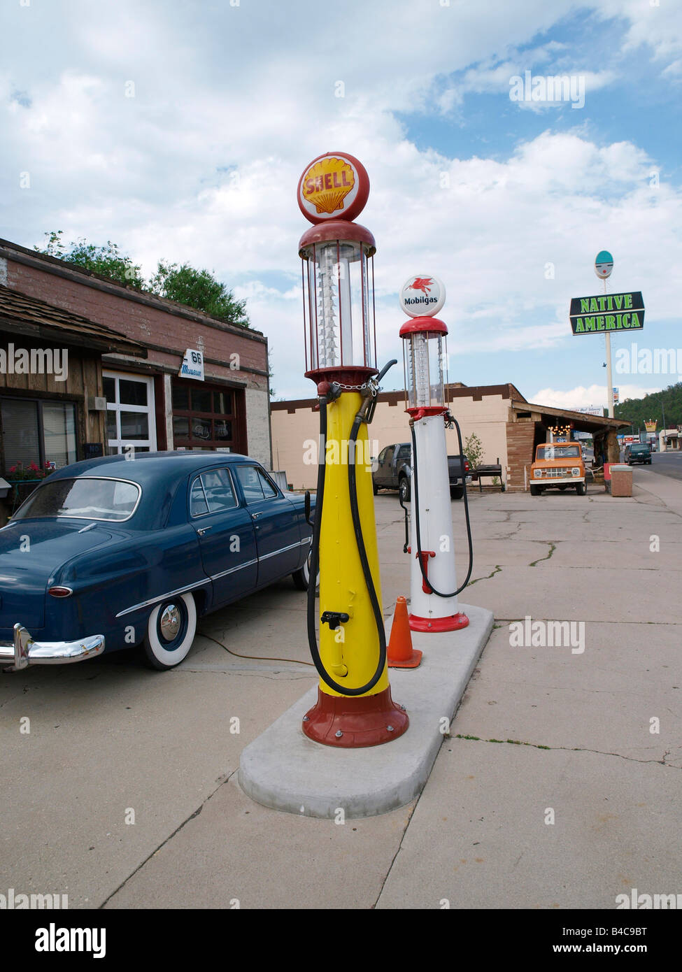 Old gas pumps and car at the Route 66 Gas Station Museum Williams Arizona Stock Photo