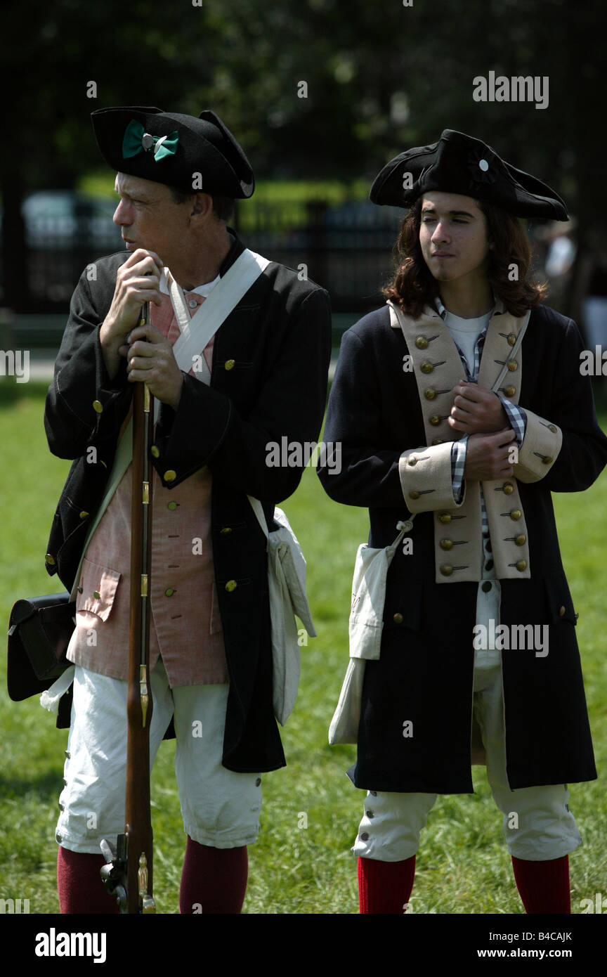 Two British Red Coats' posing , during a historical re-enactment weekend on Boston Common Stock Photo