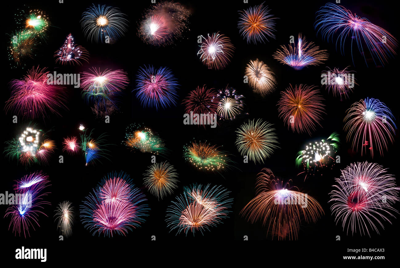 Template including various types of fireworks over a black background Stock Photo