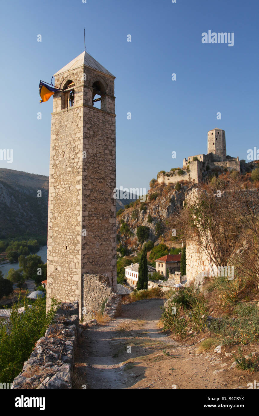 Clock tower and castle in Pocitelj, Bosnia and Herzegovina Stock Photo