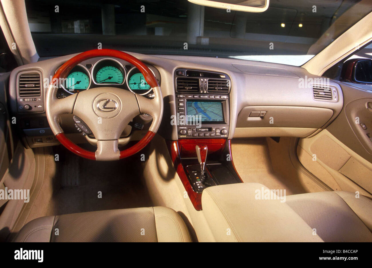 Car, Lexus GS 430, Limousine, upper middle-sized , model year 2000-, ruby colored, interior view, Interior view, Cockpit, techni Stock Photo