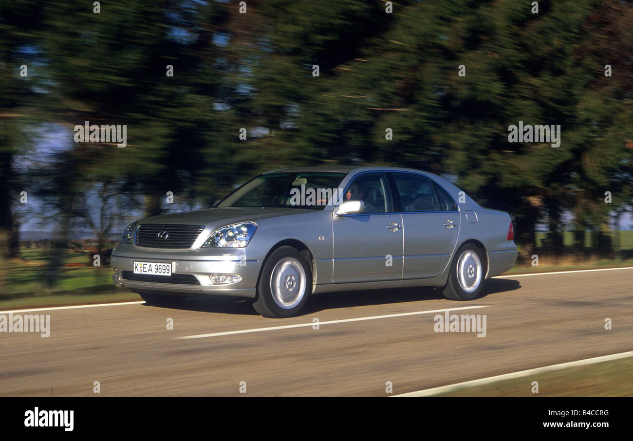 Car, Lexus LS 430, Limousine, Luxury approx.s, model year 2001-, silver, driving, country road, diagonal from the front Stock Photo