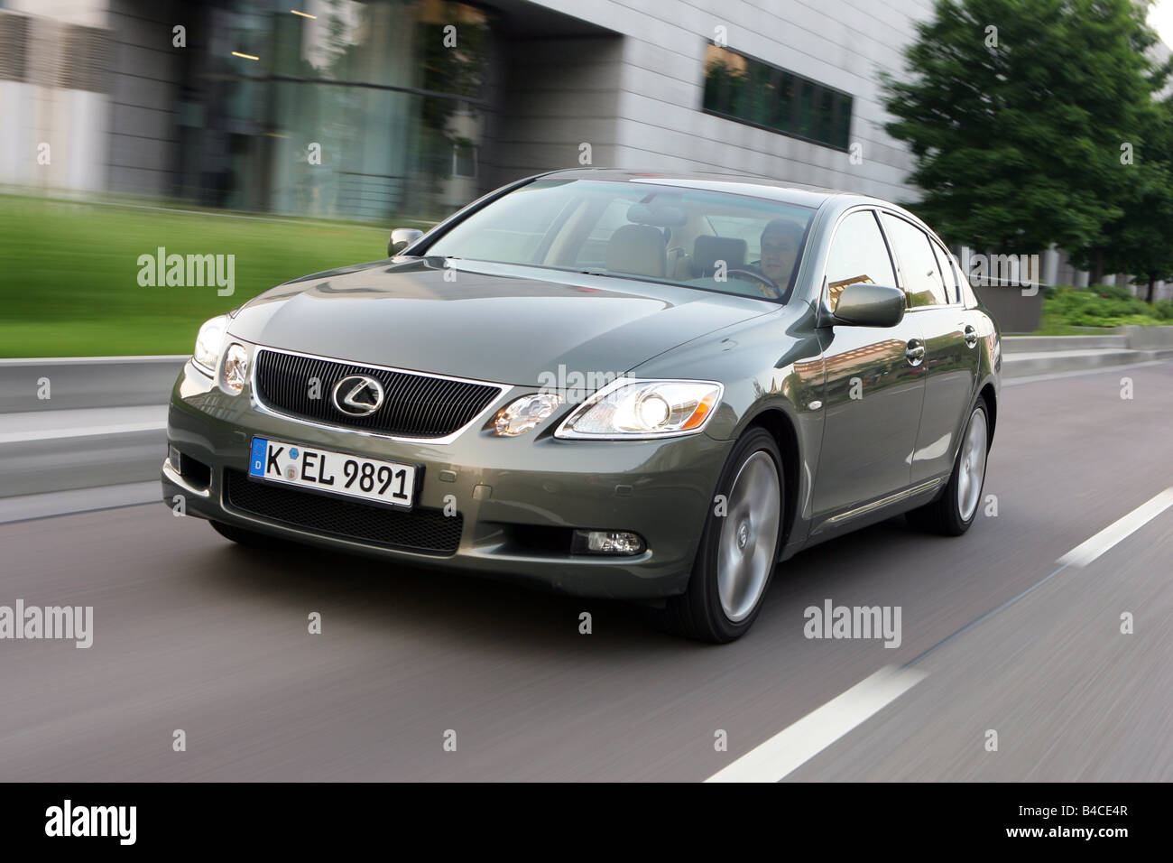 Car, Lexus GS 300, model year 2005-, silver-green, upper middle-sized , Limousine, driving, diagonal from the front, frontal vie Stock Photo