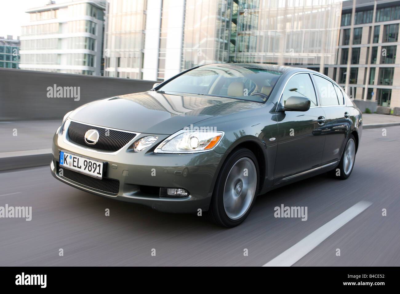 Car, Lexus GS 300, model year 2005-, silver-green, upper middle-sized , Limousine, driving, diagonal from the front, frontal vie Stock Photo