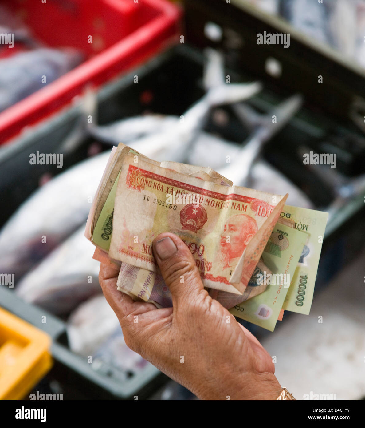 Handing over money at a fish market, Vietnam Stock Photo