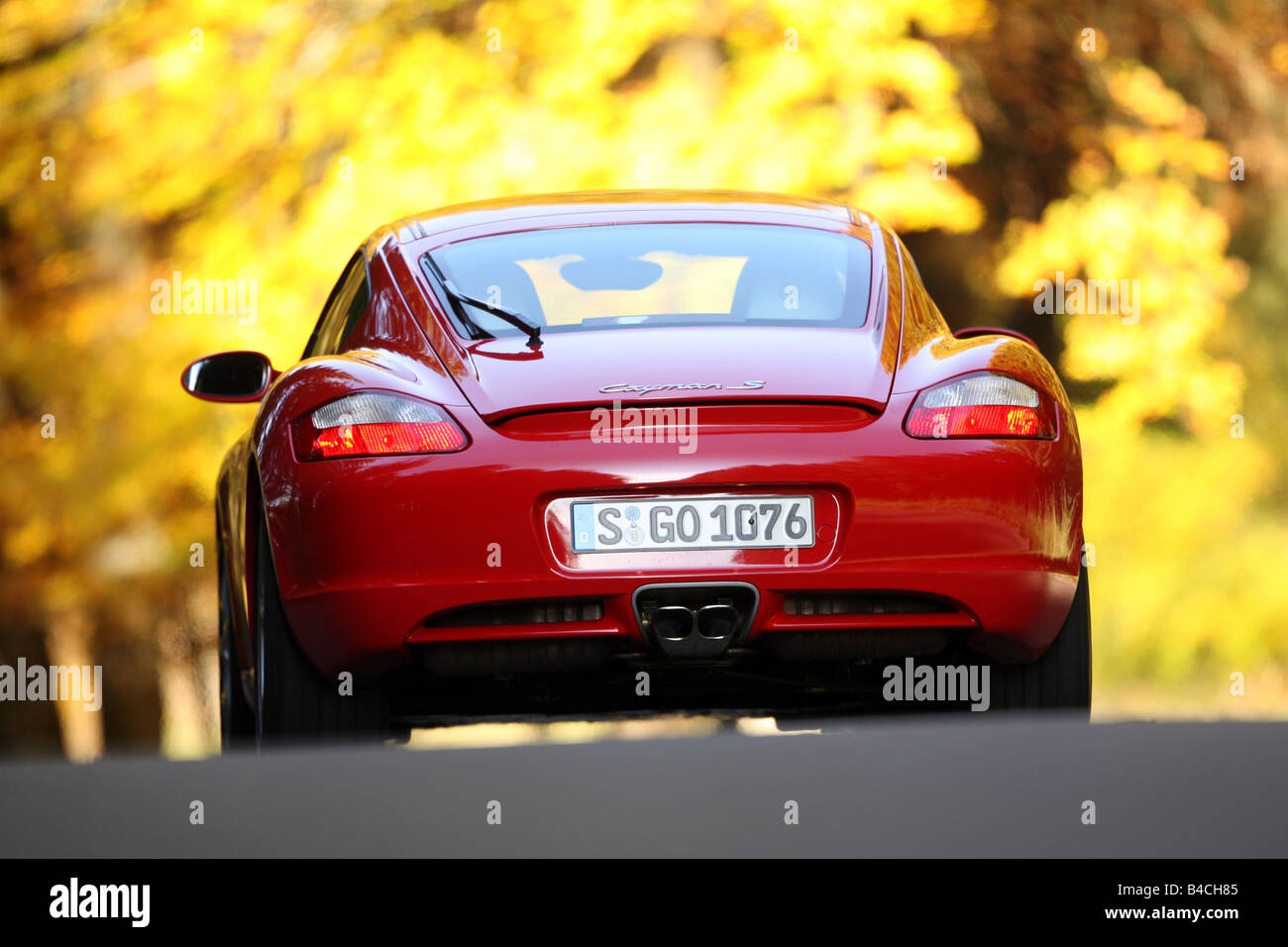 Porsche Cayman S, roadster, model year 2005-, red, standing, upholding, diagonal from the back, rear view, country road, landsap Stock Photo