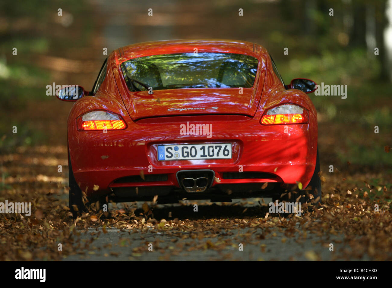 Porsche Cayman S, roadster, model year 2005-, red, driving, diagonal from the back, rear view, country road, landsapprox.e, Autu Stock Photo
