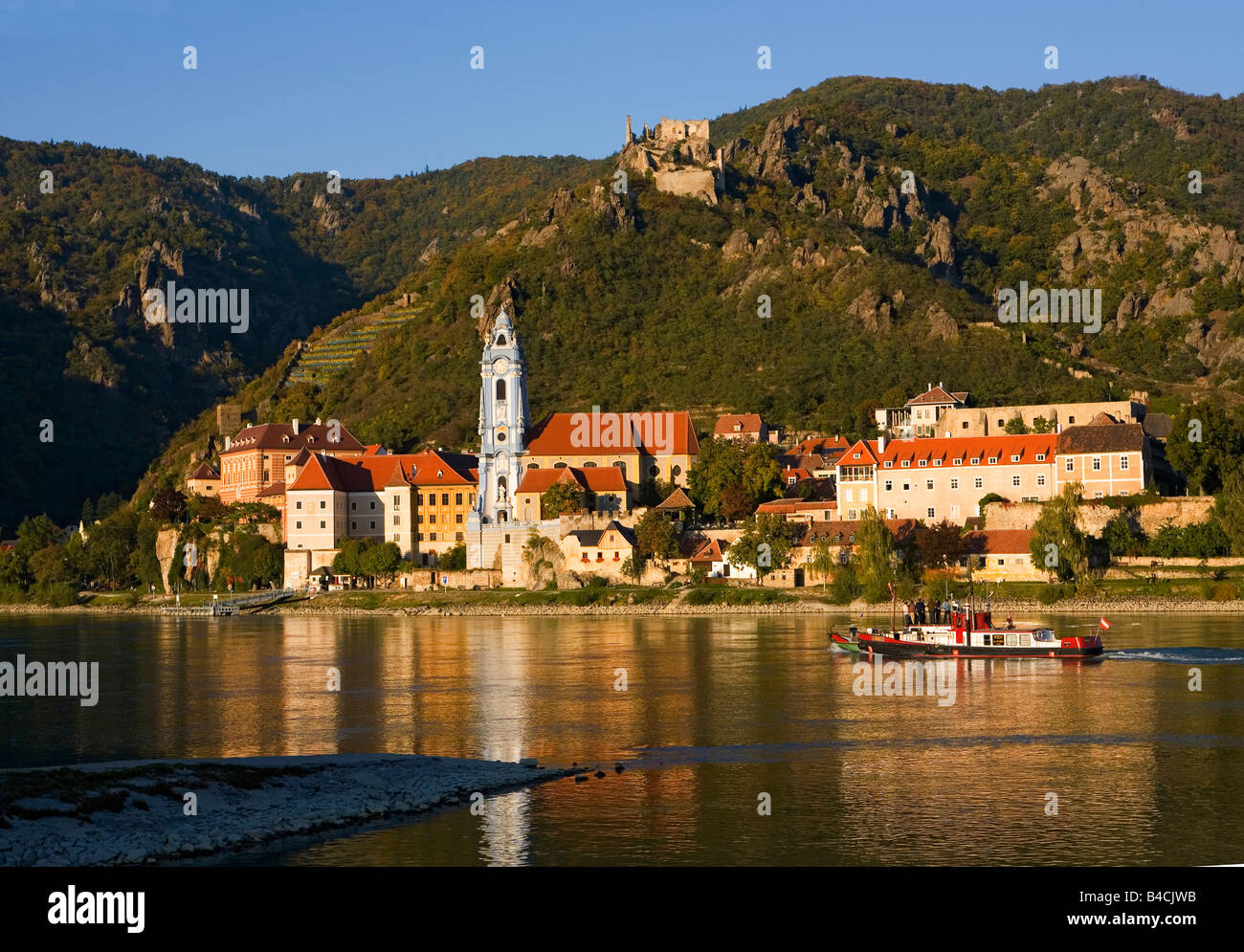 Durstein Blue Church and Castle on Danube River in Austria Stock Photo