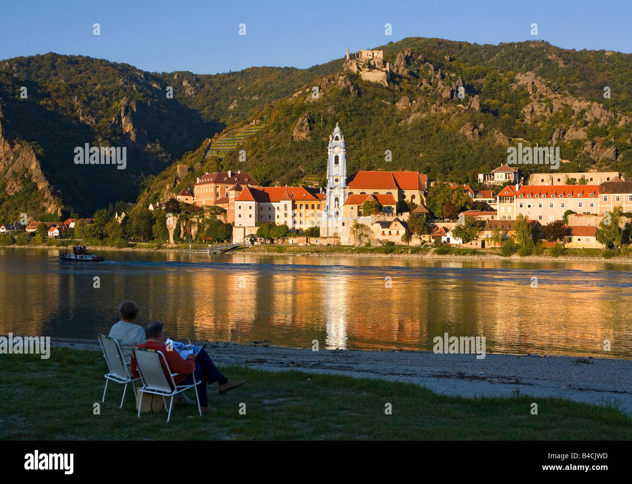 Tourists watching Durstein on Danube River in Austria Stock Photo