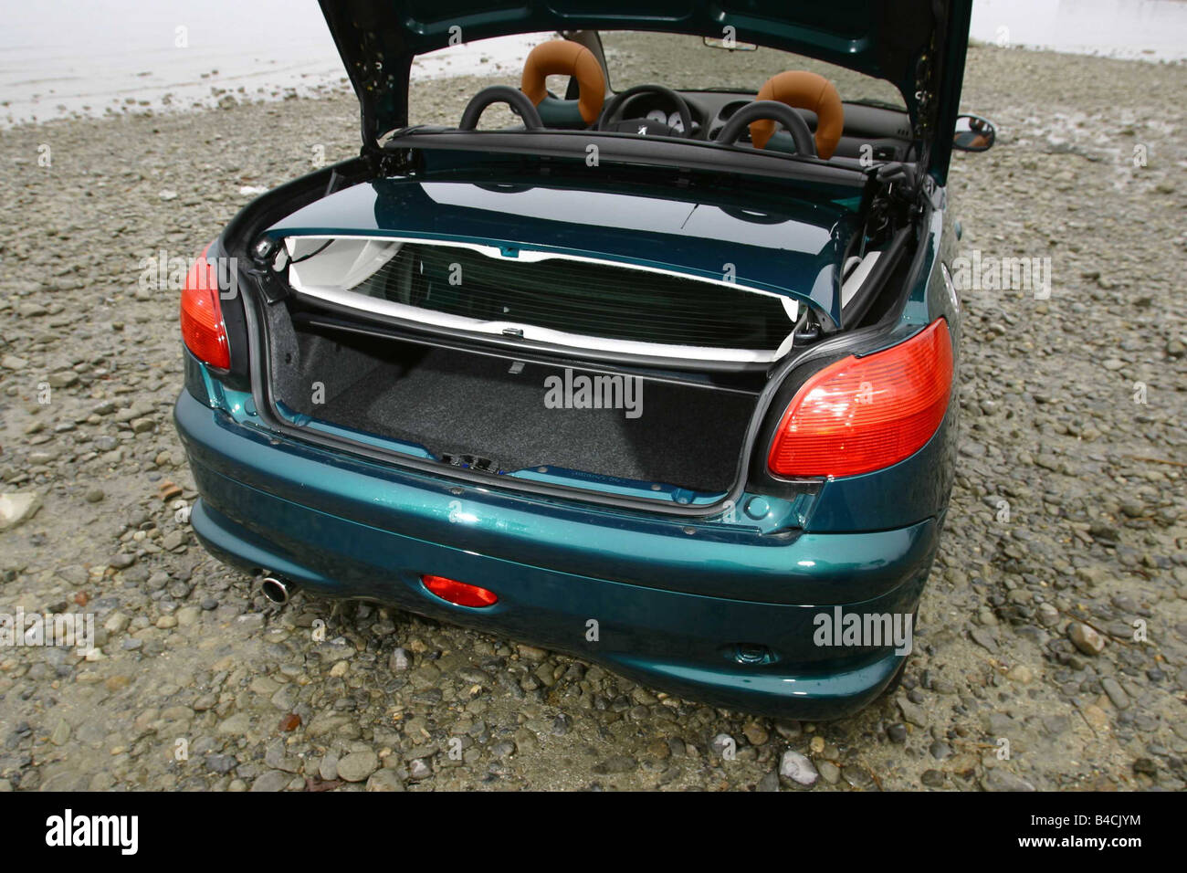 Car, Peugeot 206 CC, Convertible, model year 2000-, turquoise/green, open top, view into boot, technique/accessory, accessories Stock Photo