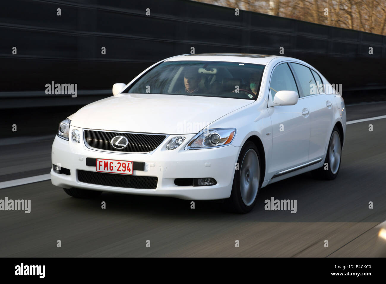 Lexus GS 540 h, model year 2006-, white, driving, diagonal from the front, frontal view, country road, Hybrid model, Hybrid , Hy Stock Photo