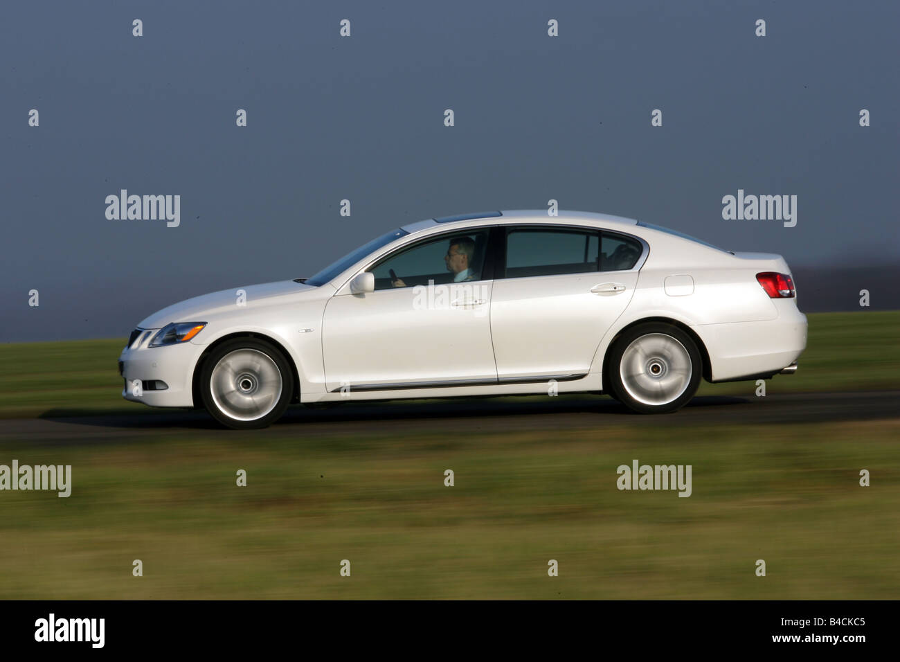 Lexus GS 540 h, model year 2006-, white, driving, side view, country road, Hybrid model, Hybrid , Hybrid approx. Stock Photo