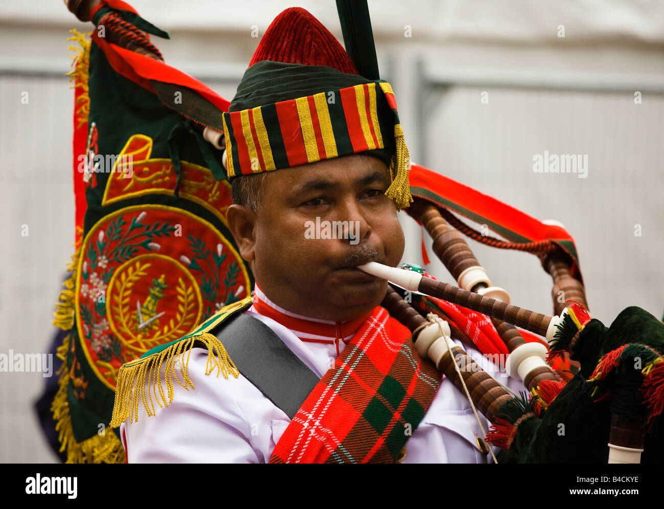 Patiala Pipe Band from lahore in Pakistan playing in George Square at The Piping Festival in Glasgow Scotland Stock Photo