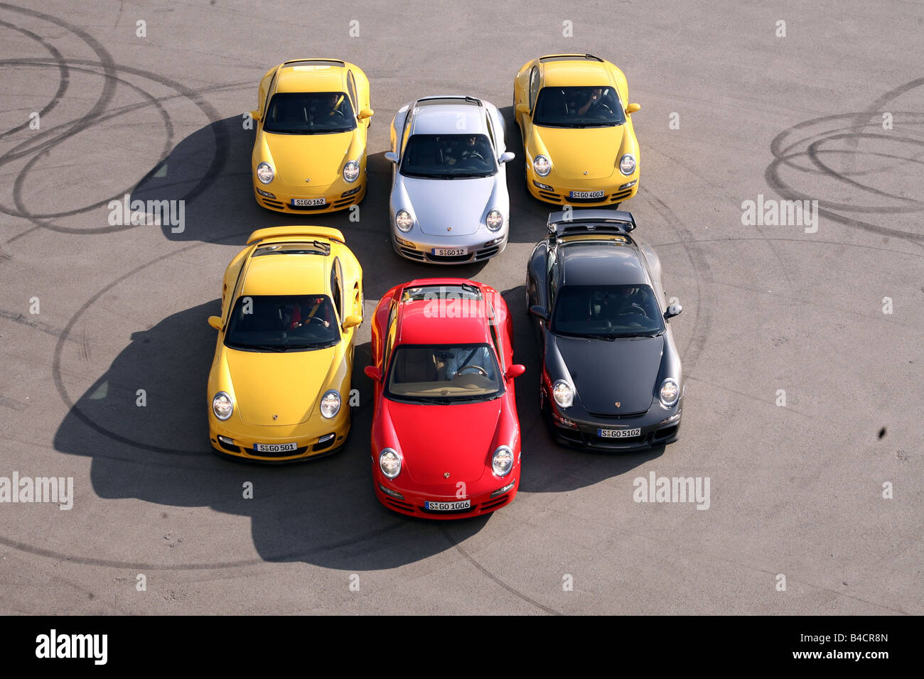 911st Porsche group picture, Porsche 911 Carrera, Porsche 911 Carrera S, Porsche 911 Carrera S Kit, Porsche 911 Turbo, Porsche 9 Stock Photo