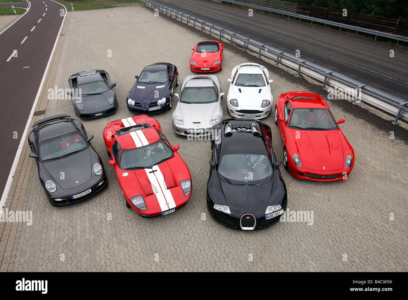 Nine fastest roadsters of the world, standing, upholding, diagonal from the front, frontal view, test track Stock Photo