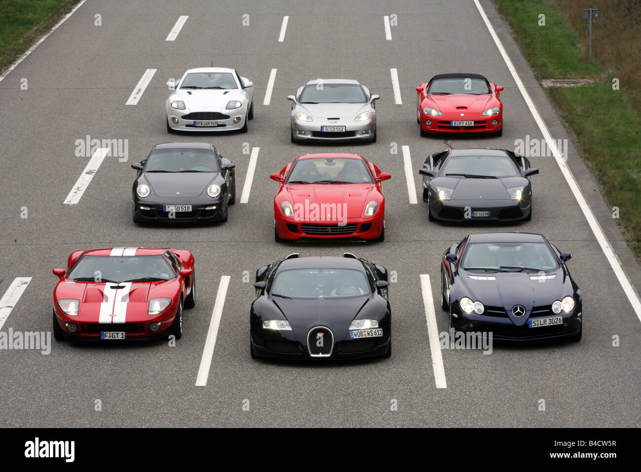 Nine fastest roadsters of the world, standing, upholding, diagonal from the front, frontal view, test track Stock Photo