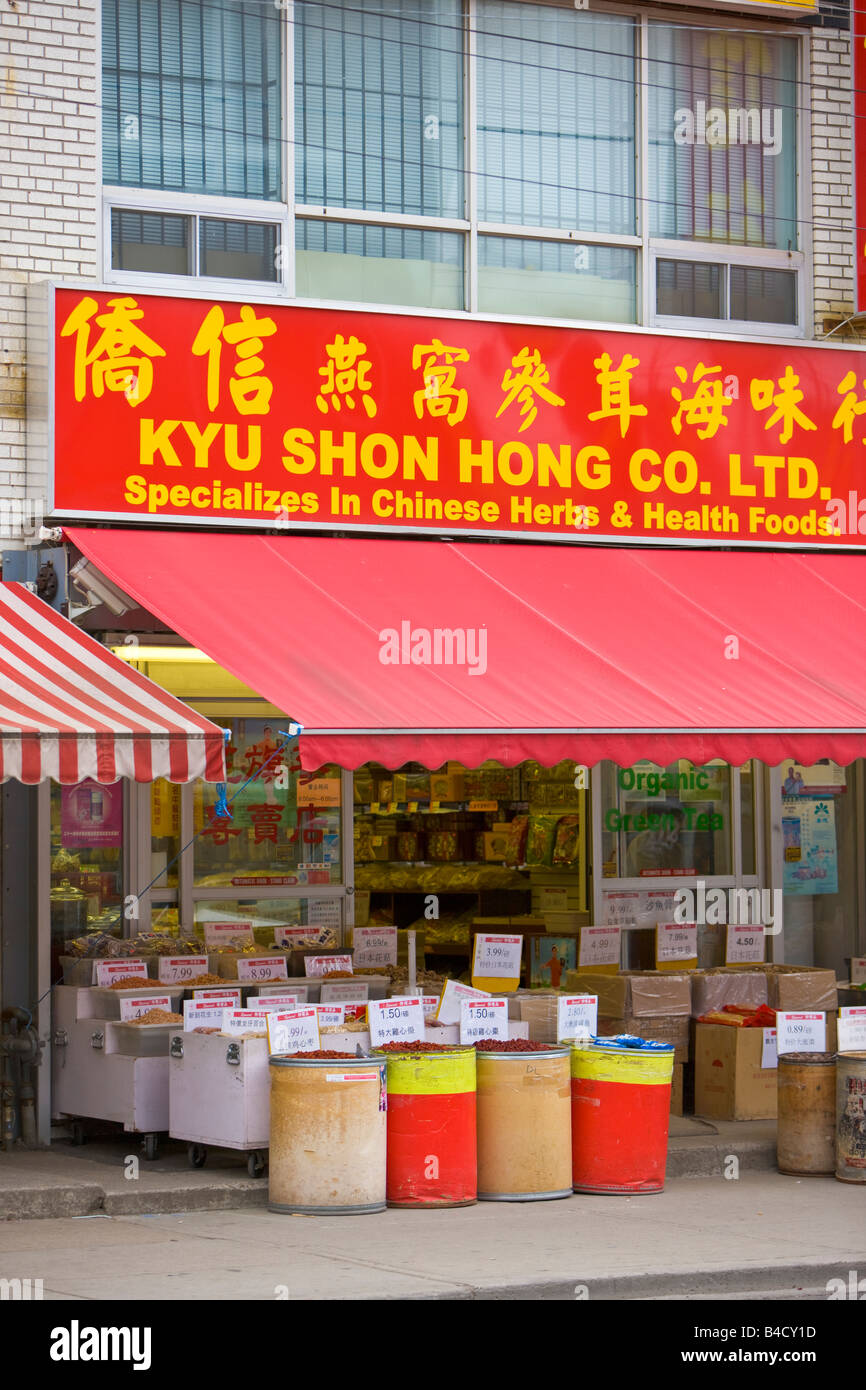 Shops lining the streets in Chinatown in the city of Toronto, Ontario, Canada. Stock Photo