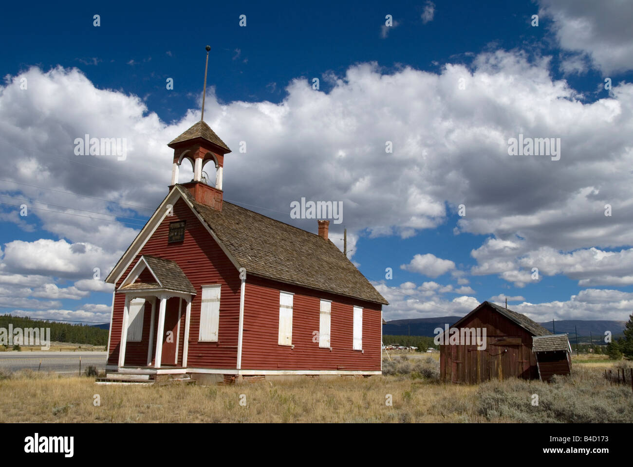 An old one room schoolhouse along highway 24 near Leadville, Colorado US Stock Photo