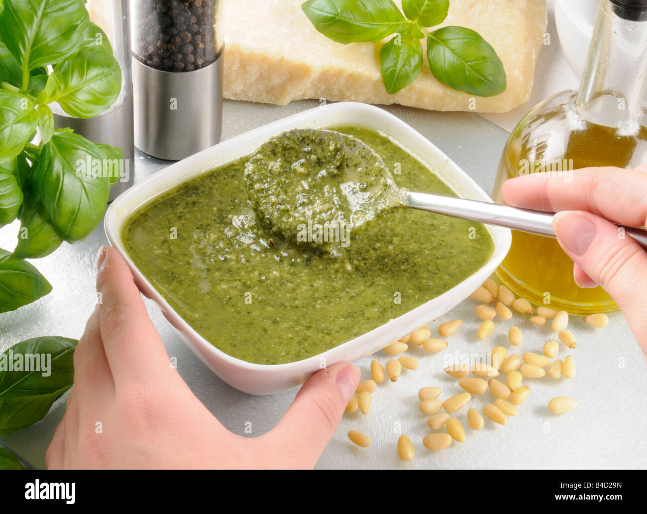 MAKING ITALIAN PESTO SAUCE Stock Photo Alamy