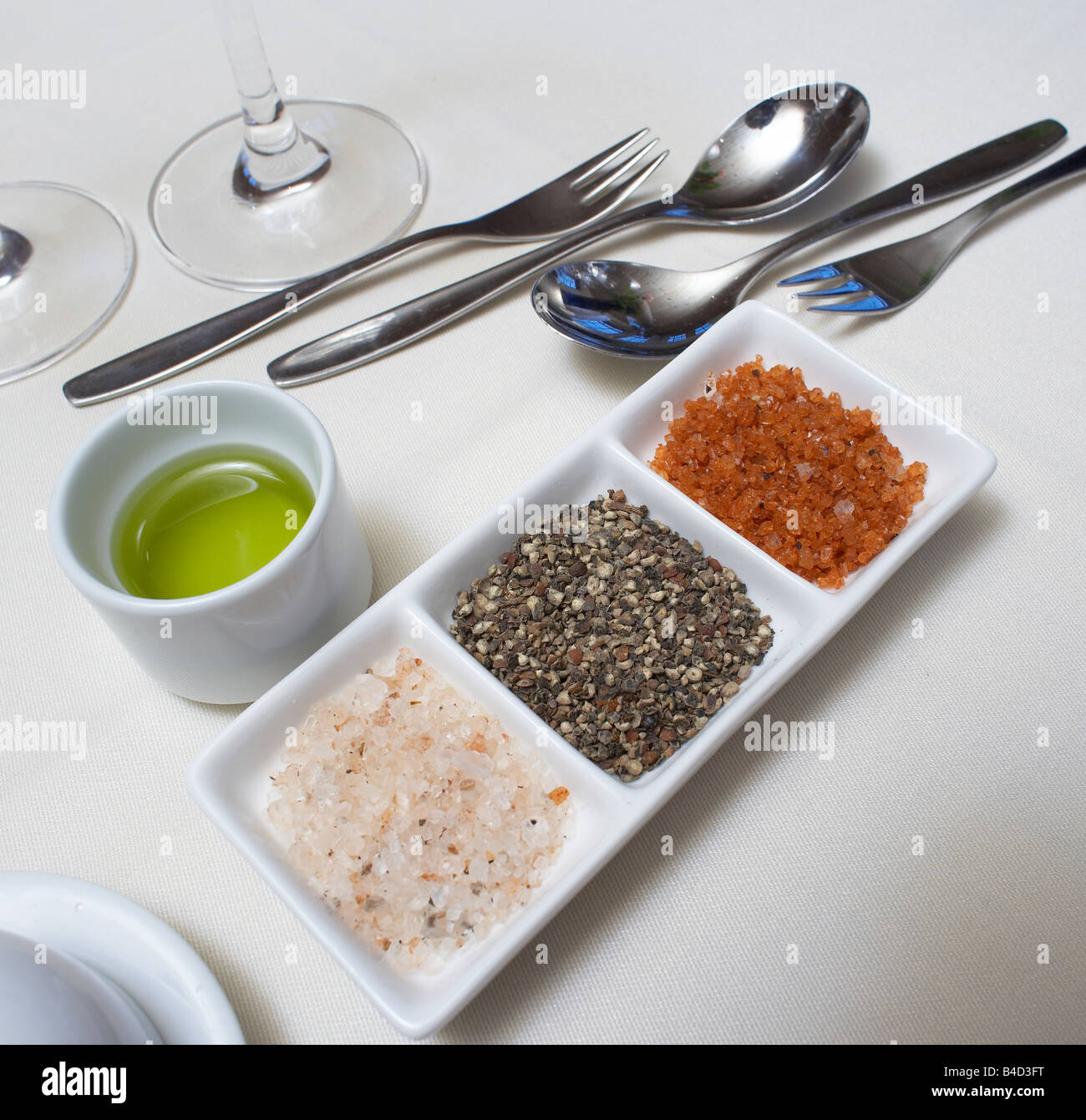 Spices on table for meal at Hotel Ranga, South Coast Iceland Stock Photo
