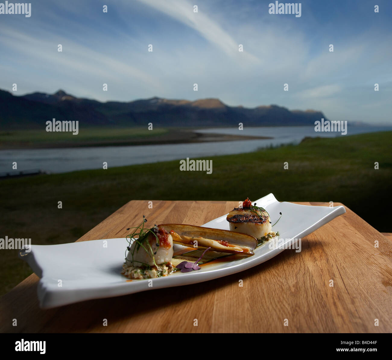 Freshly caught seafood on dish outside,  Hotel Budir on Snaefellsnes Peninsula, Iceland Stock Photo