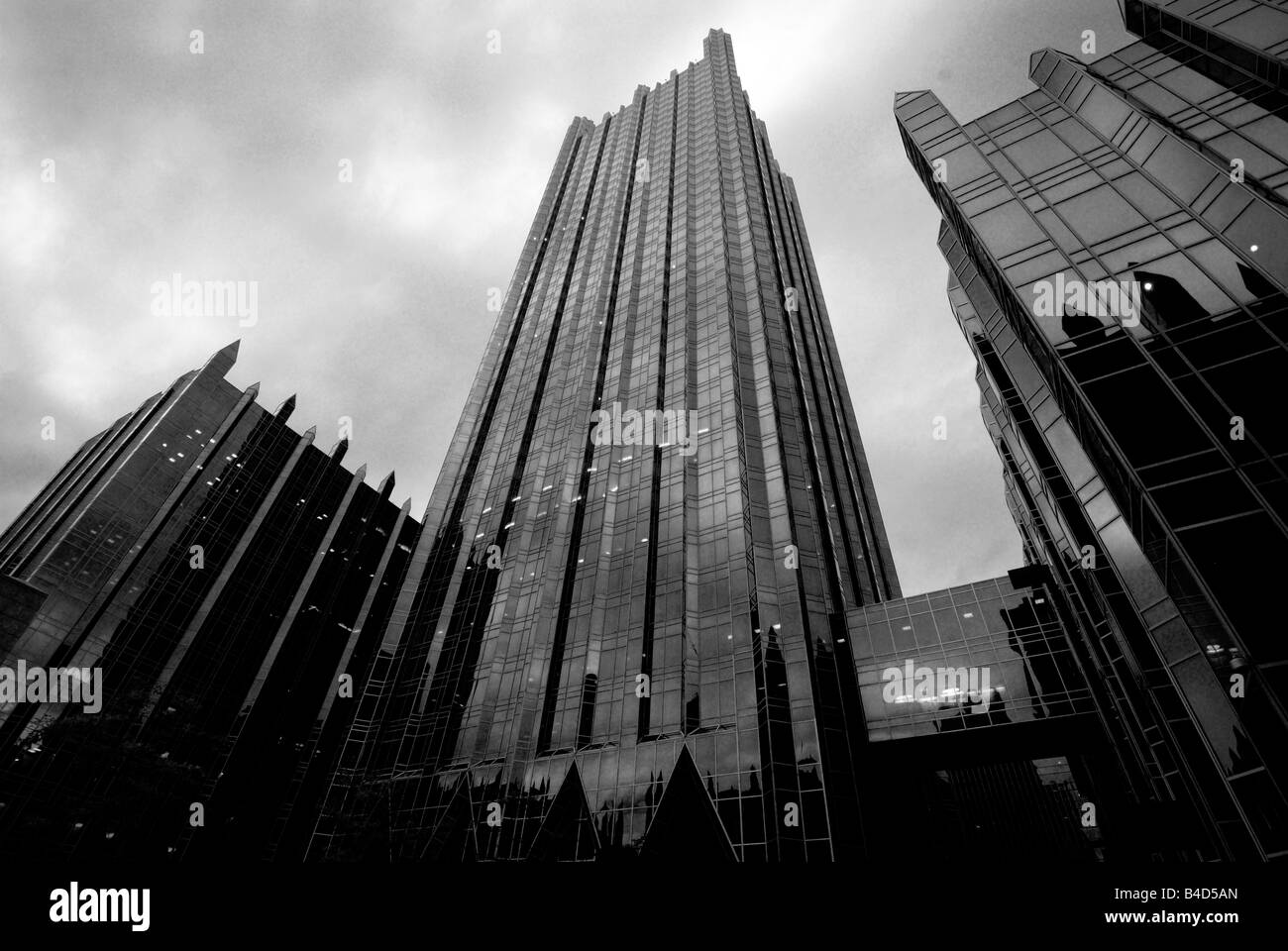 A surreal view of the PPG Plaza building at dusk., PPG Place is one of the most recognizable features of downtown Pittsburgh, PA Stock Photo