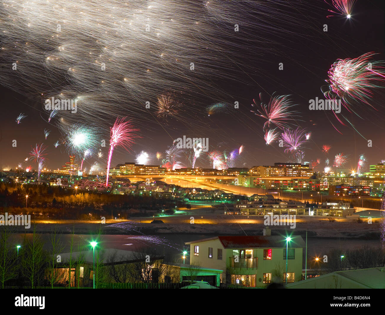 Fireworks, New Years Eve, Reykjavik Iceland Stock Photo