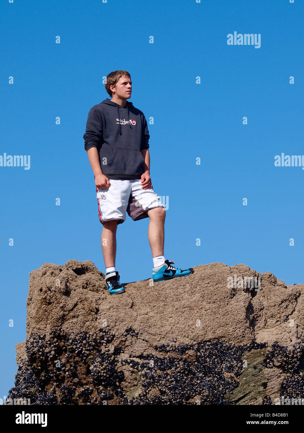 Teenaged boy standing on a rock, looking at the scenery Stock Photo
