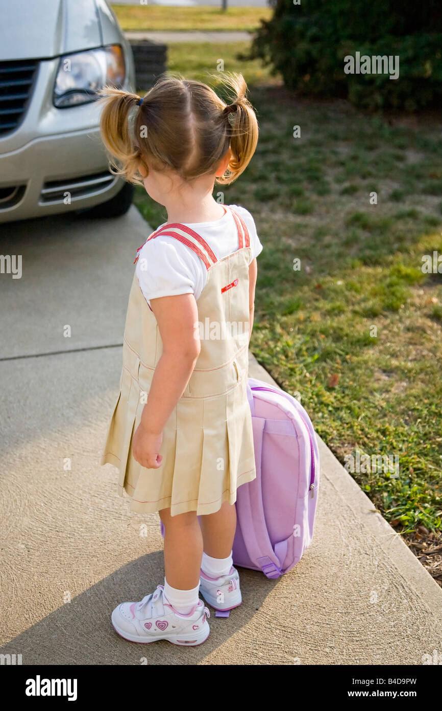 Little Girl on Her First Day of School. Stock Photo