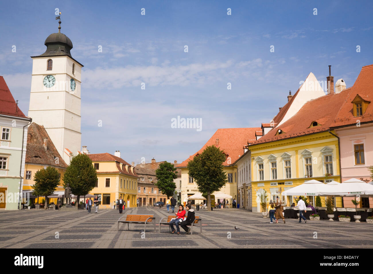Old buildings in Piata Mare in historic city centre of Hermannstadt or Sibiu Transylvania Romania Europe Stock Photo