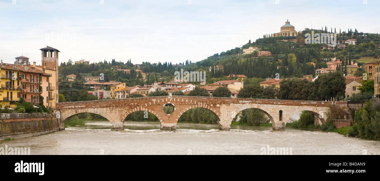 Saint Peters Bridge, a Roman bridge, Ponte Pietra, River Adige, Verona, Italy Stock Photo