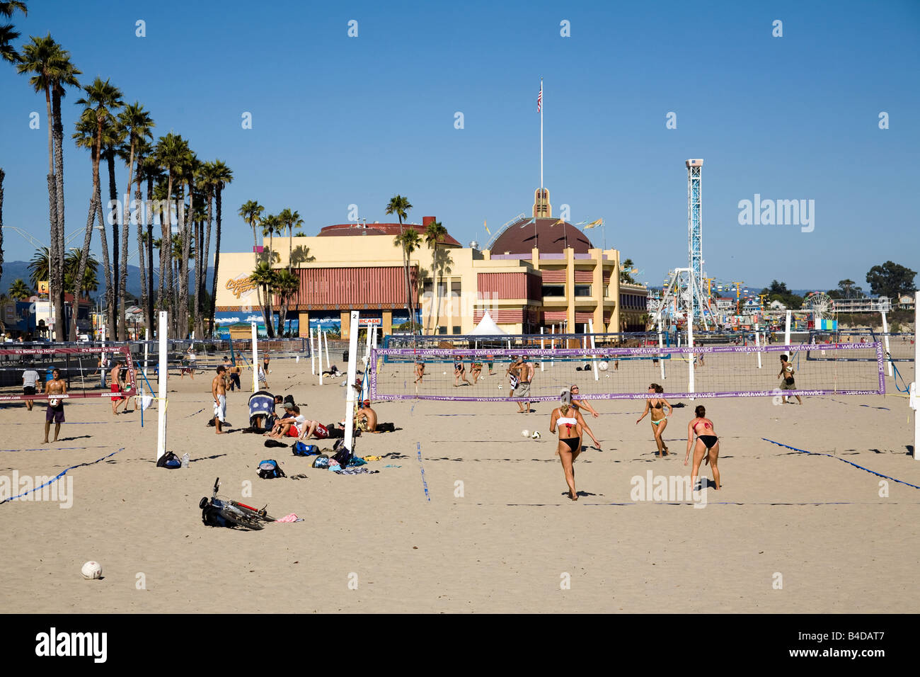 The beach volleyball courts at the main beach near the Santa Cruz Beach Boardwalk are open to the public. Stock Photo