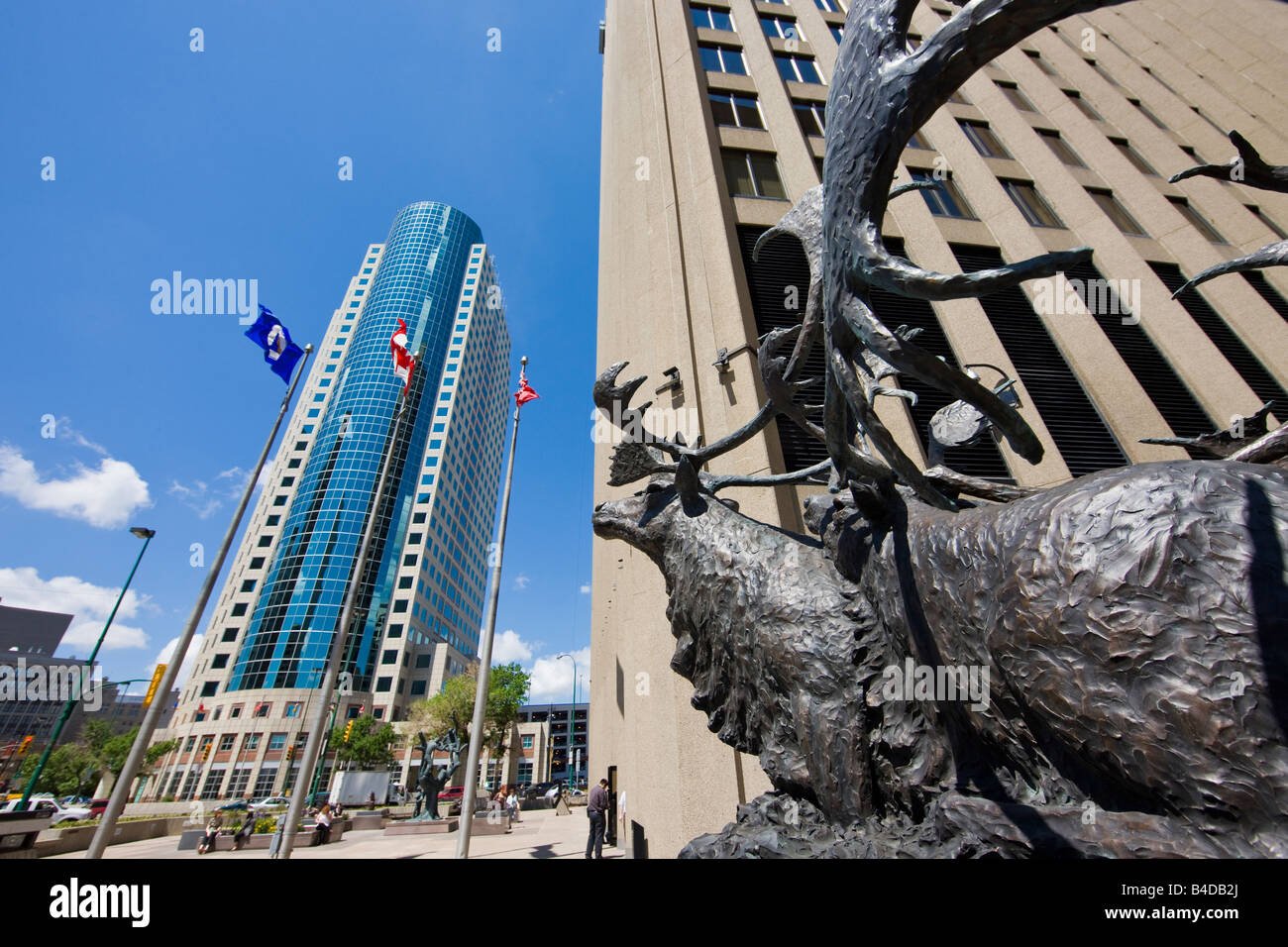 Bronze sculpture of caribous crossing river, outside the Richardson Building with the Canwest Place building Stock Photo
