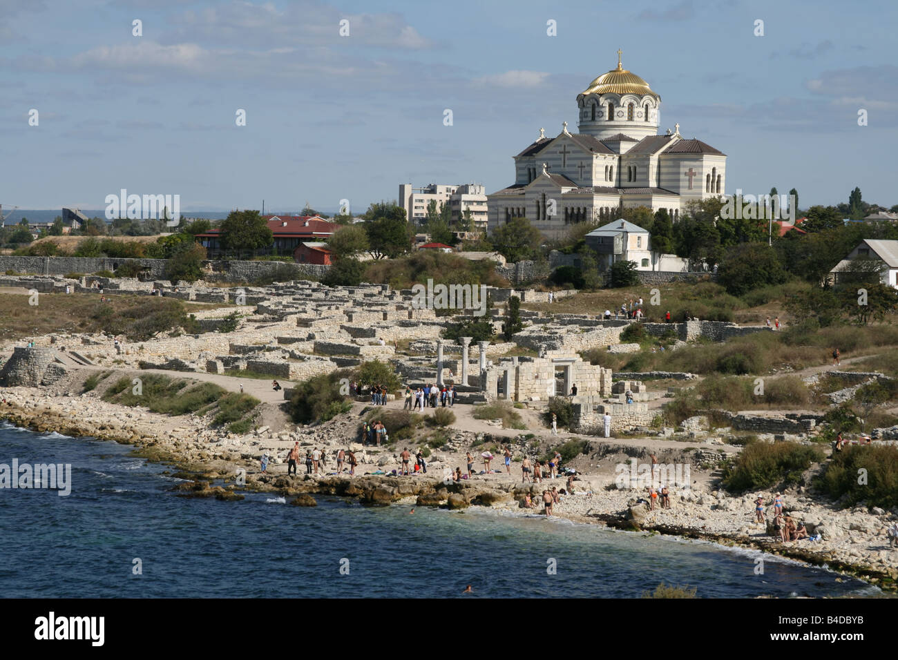 St. Vladimir cathedral and Chersonesos ruins with public beach (Sevastopol, Crimea, Ukraine) Stock Photo