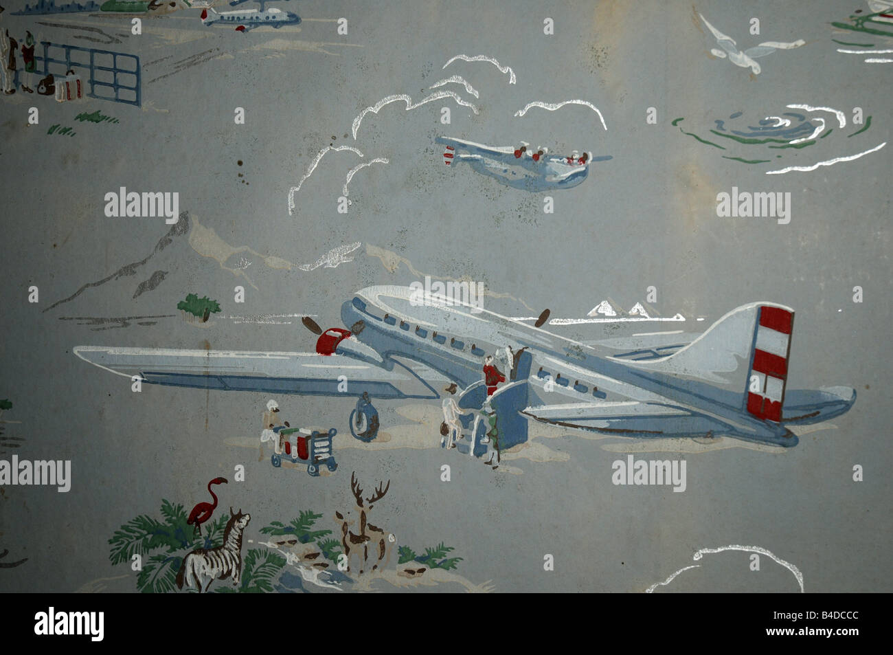 Old wallpaper from the 1940 s with DC-3 airline airplane Stock Photo