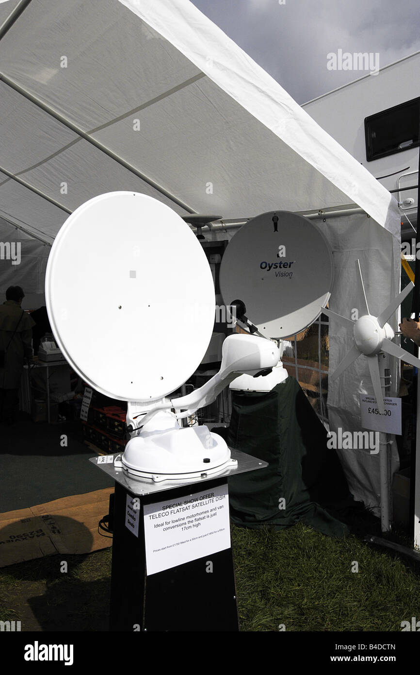 Mobile satellite dish and LNB at a technology show Stock Photo