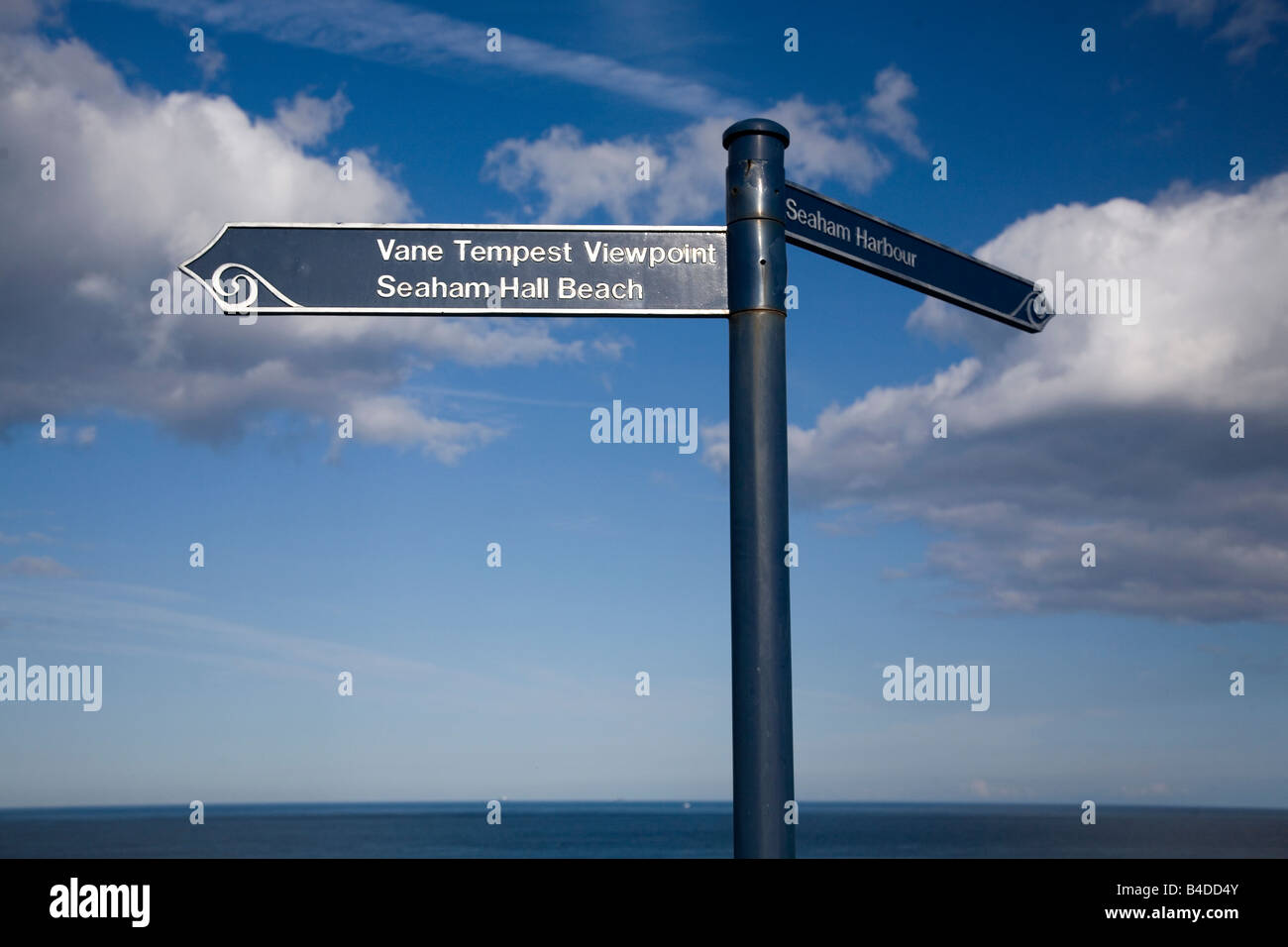 A signpost on the northeast coast of England. The sign points to Vane Tempest Viewpoint and Seaham Harbour. Stock Photo