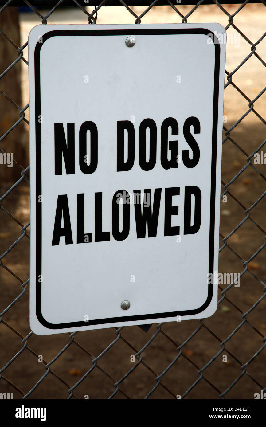 No dogs allowed sign on chain link fence Stock Photo