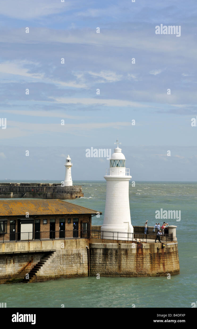 Lighthouses at entrance to Dover port, UK. Stock Photo