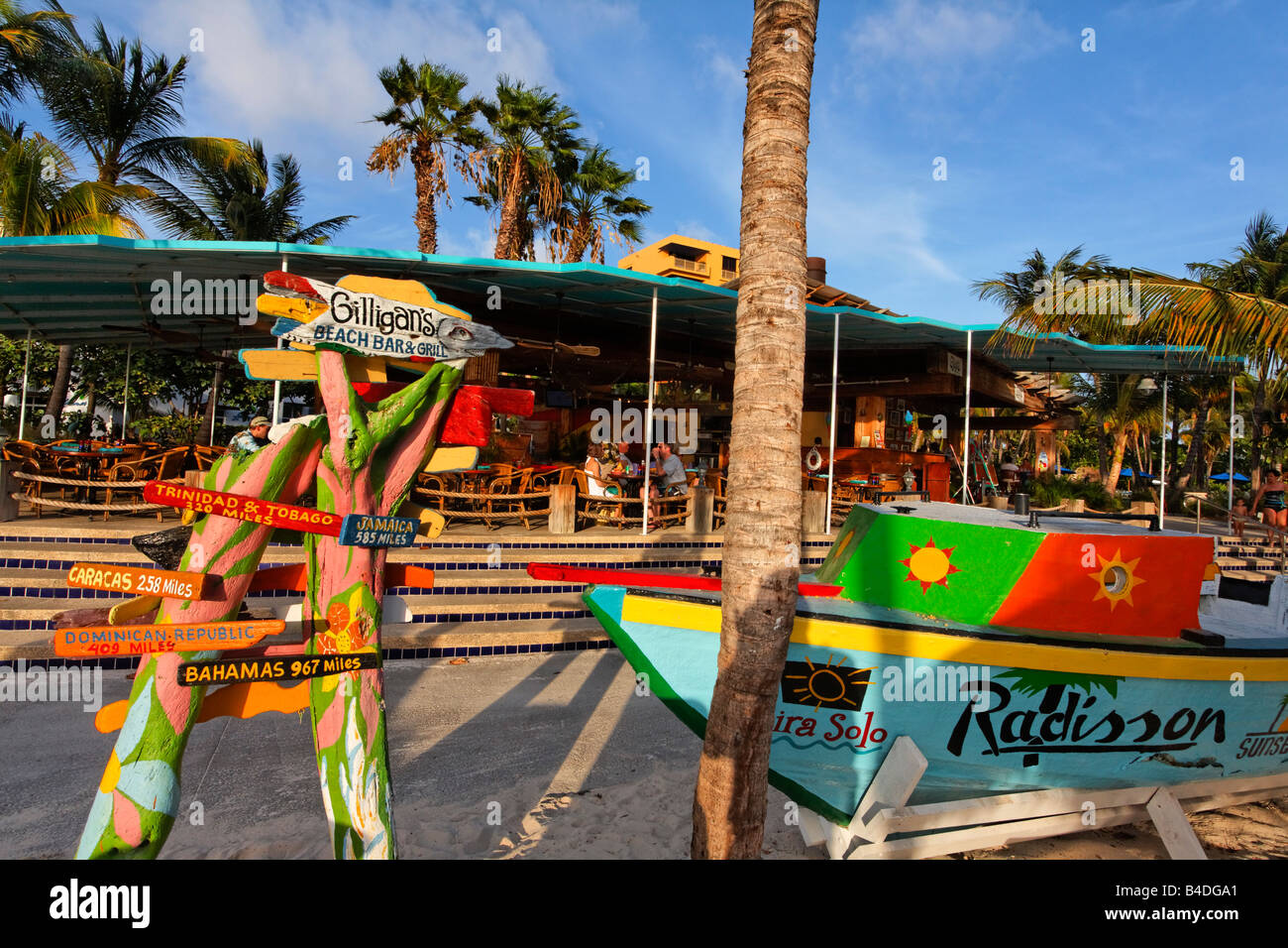 Aruba Palm Beach Sunset Bar Gilligans Bar Radisson Hotel West Indies Dutch Carribean Central America Stock Photo