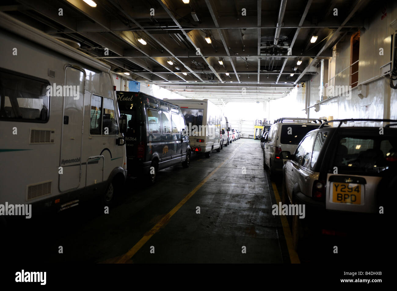 Inside on the car deck of the red Funnel ferry between isle of Wight